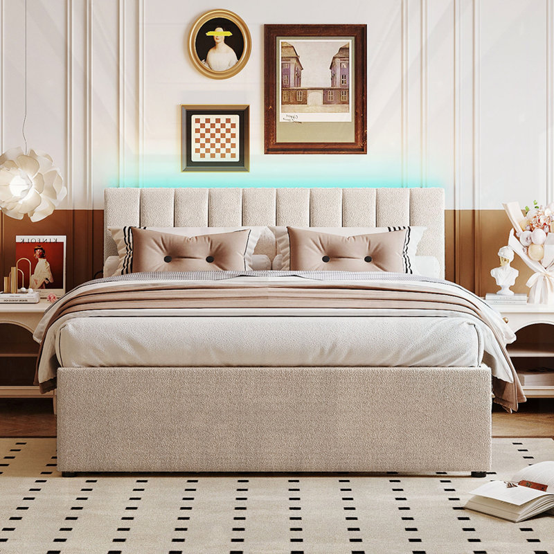 Lit plateforme tapissier Teddy, Beige, Grand