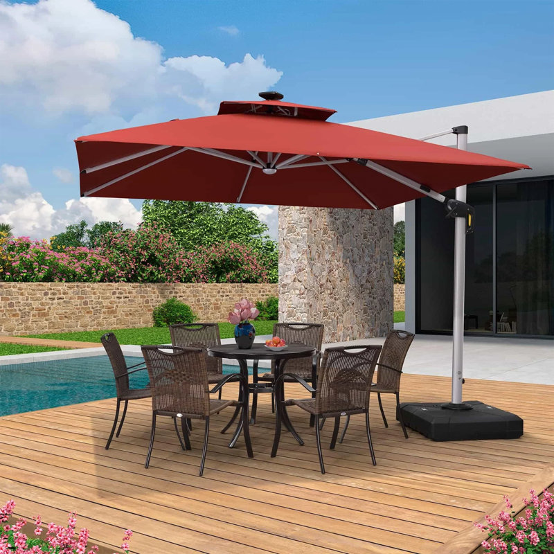 Parasol carré en porte-à-faux avec base, Rouge