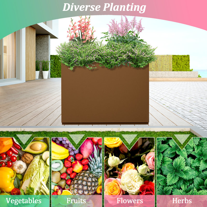 Large Rectangular Planter - Metal Rectangular Planter Box with Drainage Holes for Indoor and Outdoor Use, Brown