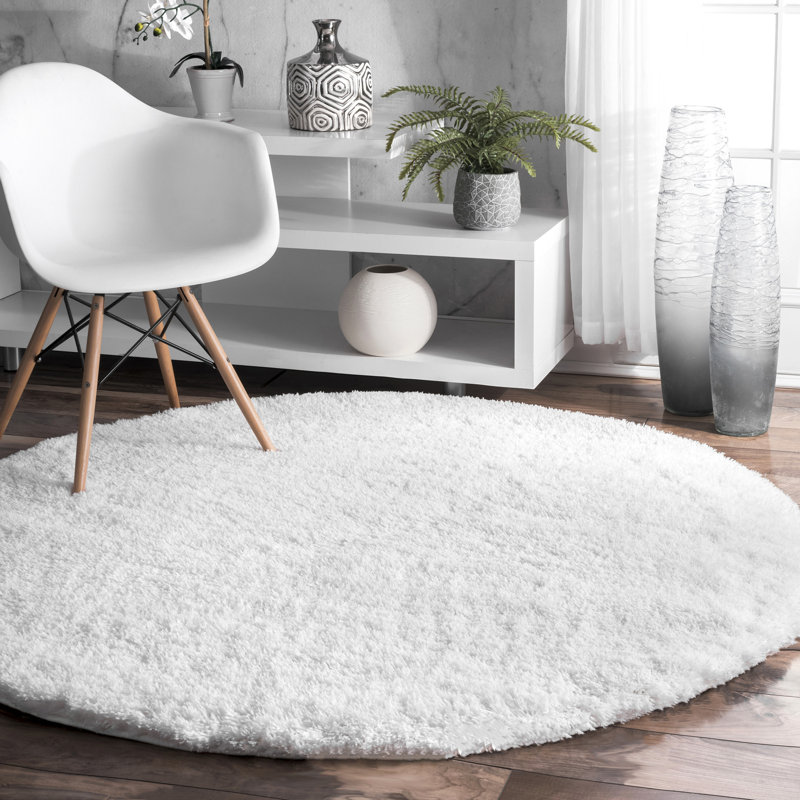 Alanson Contemporary Power Loom Performance Shag White Rug, Round 4'