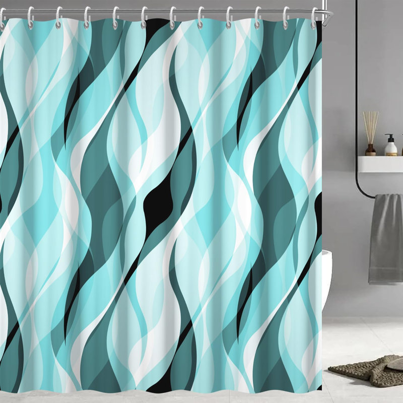 Pack of 1 Modern Abstract Black and Grey Striped Shower Curtain Set with Hooks, Teal, 182.88cm W x 243.84cm L