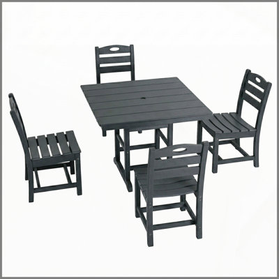 Ensemble de salle à manger en PEHD noir pour 4 personnes, ensemble de table carrée et chaises, mobilier de patio toutes saisons avec trou pour parasol