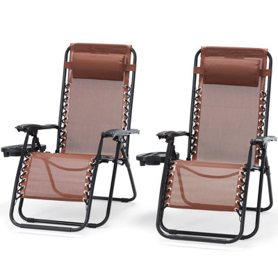 Set of 2 Zero Gravity Lounge Chairs, Folding Reclining Patio Chairs with Cup Holder & Headrest by Arlmont & Co.