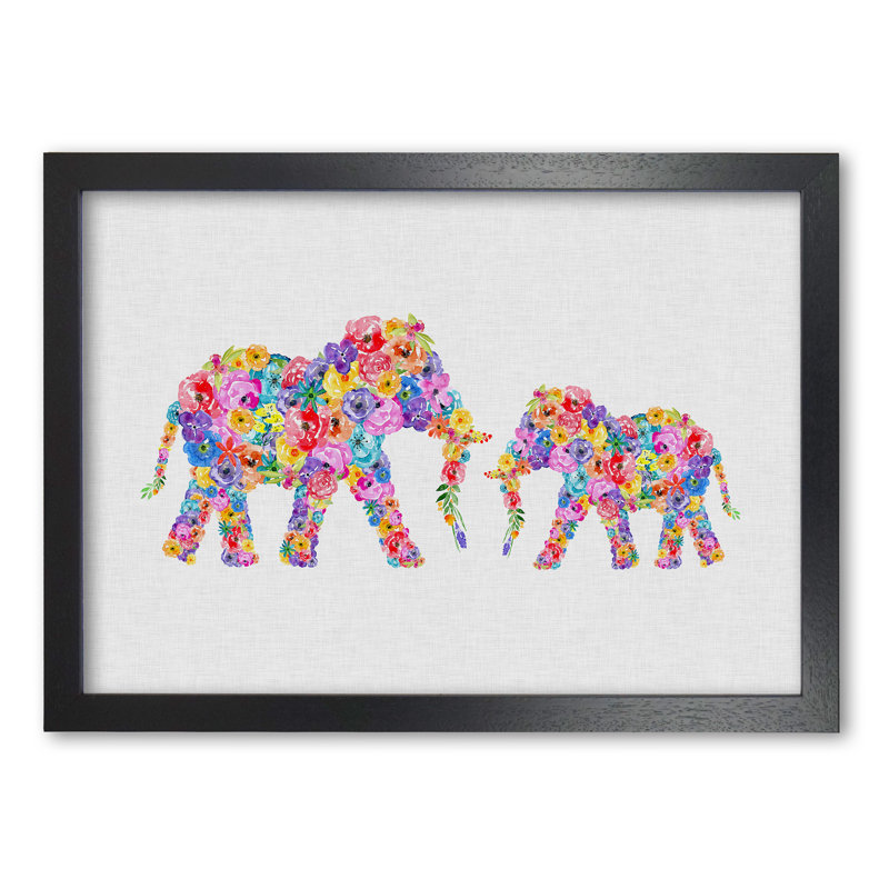 Floral Elephants - Print, Black Grain Frame, 60 cm H x 85 cm W x 5 cm D