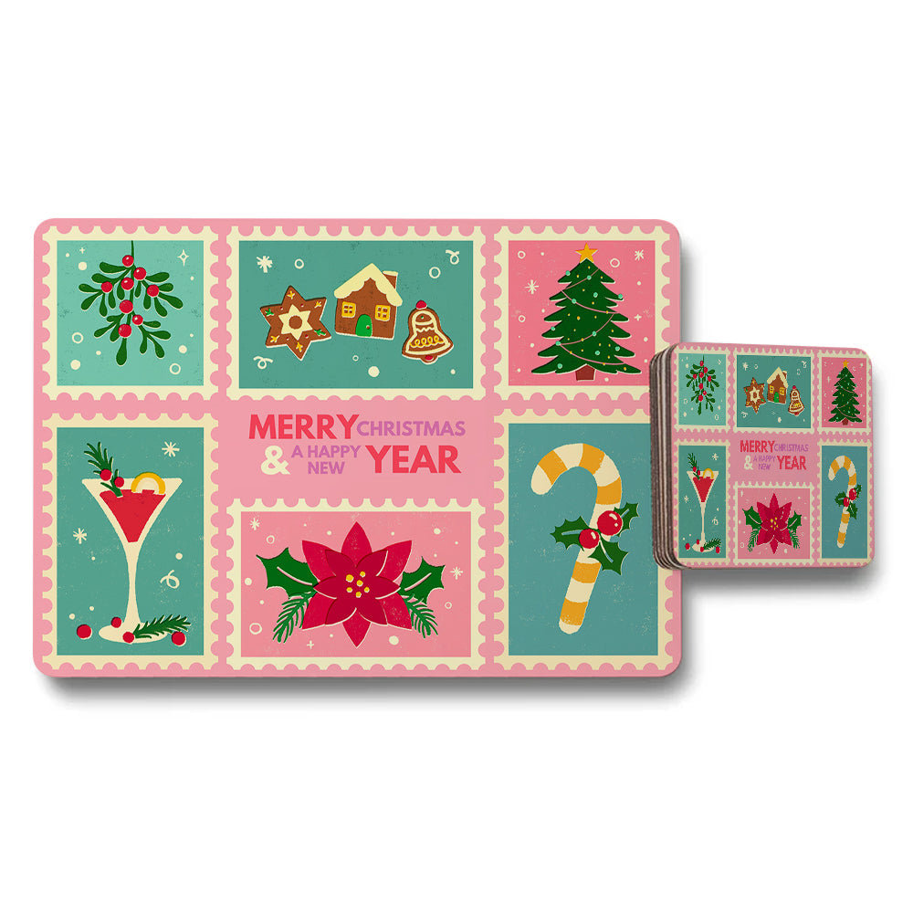 Christmas Placemats And Coaster Set With Holiday Patchwork Design