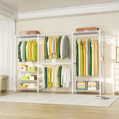 E1 Heavy Duty Closet Garment Rack, 6 Tiers Adjustable Metal Freestanding Expandable Clothing Storage with 4 Hanger Rods, Easy to Assemble Wardrobe, 71.4" H x (70" - 88.2") L x 14" D, White