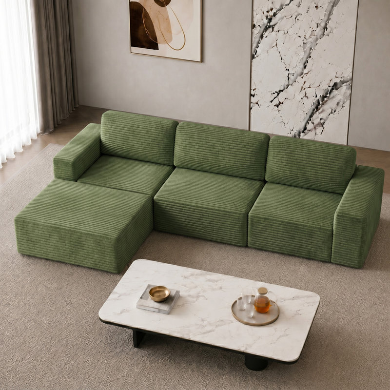 3 Seater Corduroy Sectional, Green 