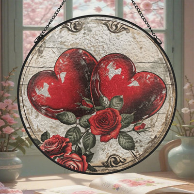Panneau de vitrail rétro avec coeurs en verre coloré Suncatcher pour décor de fenêtre