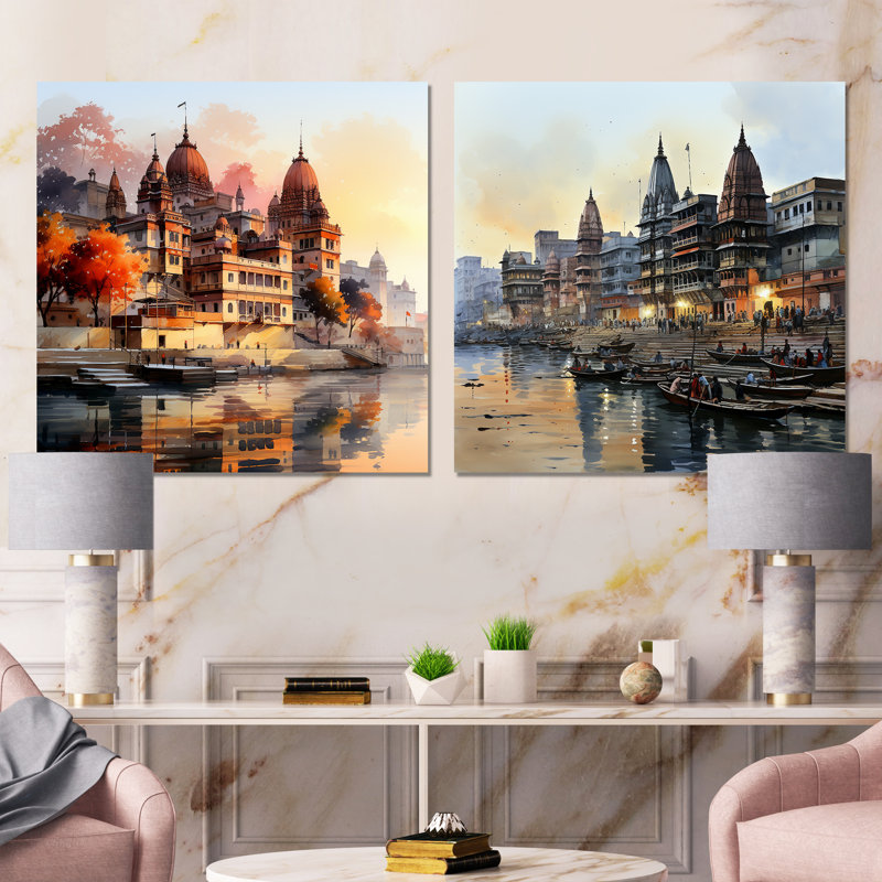 «Indian Art Ganges At Dawn I», ensemble de 2 reproductions d'art sur toile, Toile tendue, H 36 po x l 73 po x P 1,5 po
