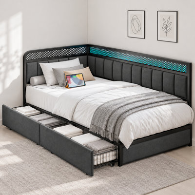 Modern Twin Daybed With Storage & Charging - Corner Design, Led Lights