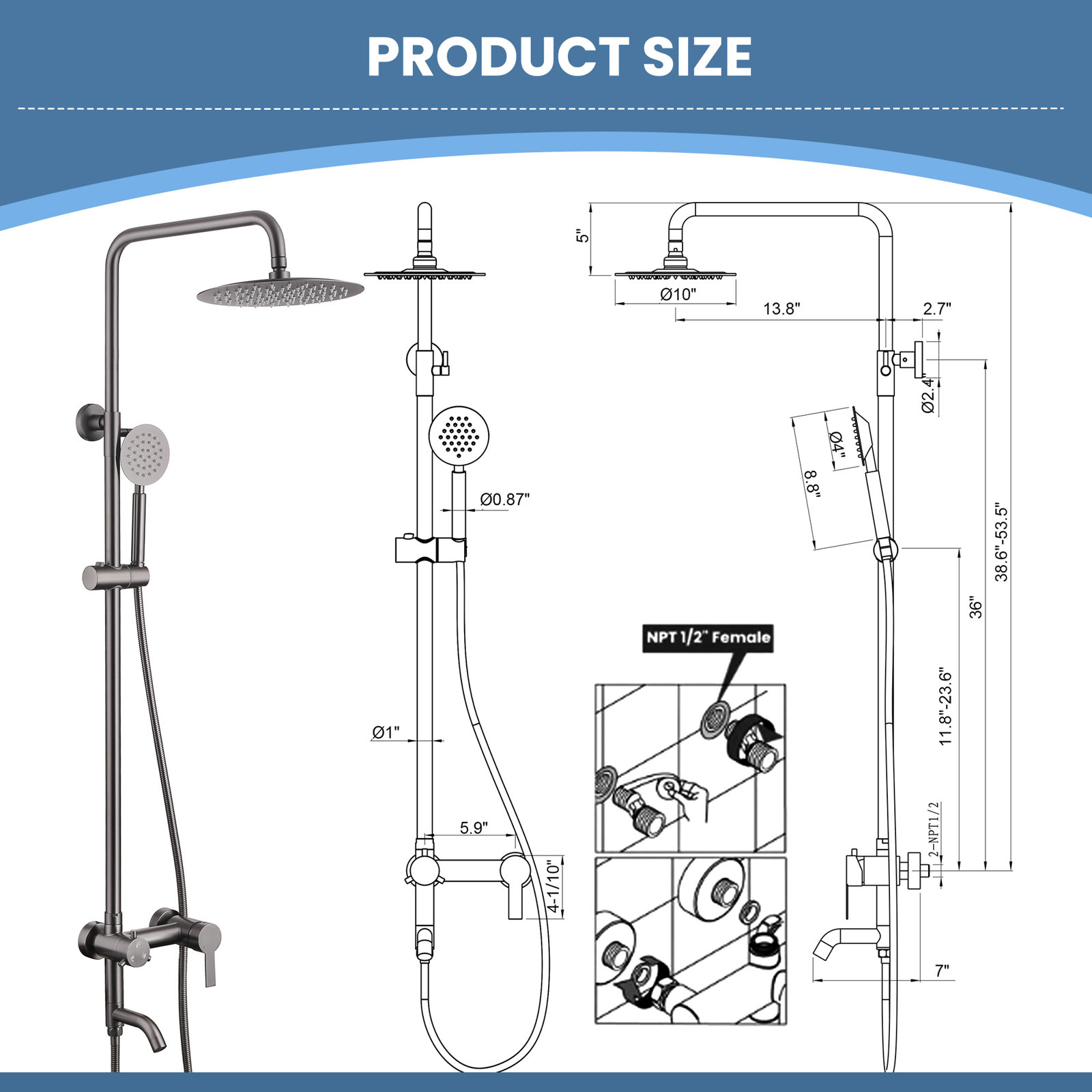 Nexus Triple Function Shower with Handheld, Gun Gray
