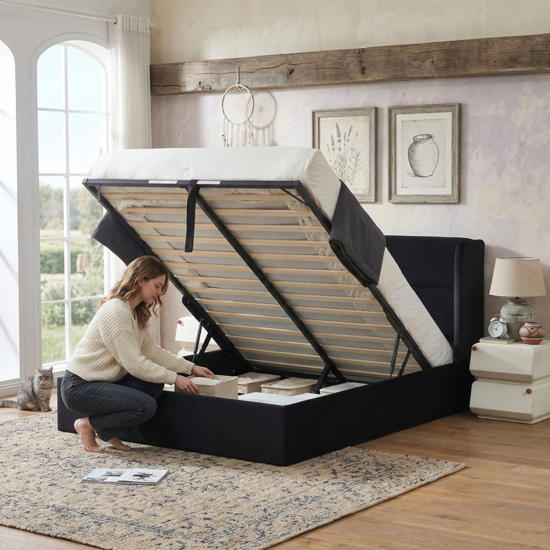 Lit plateforme tapissier avec rangement Gaillarde, Grand, Noir