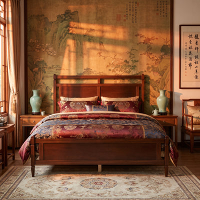 Queen Size Mid‑Century Wood Platform Bed Frame, Open‑Panel Headboard & Footboard, Solid Slat Base, Box‑Spring‑Free, Simple Assembly, Dark Walnut