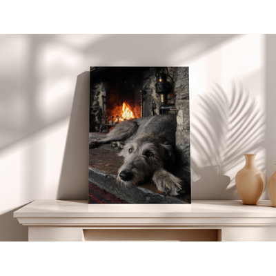 Irish Wolfhound by Fireplace Canvas Art - Cozy Dog Portrait Photography, Rustic Pub Decor, Farmhouse Wall Art, Gentle Giant Pet Lover Gift
