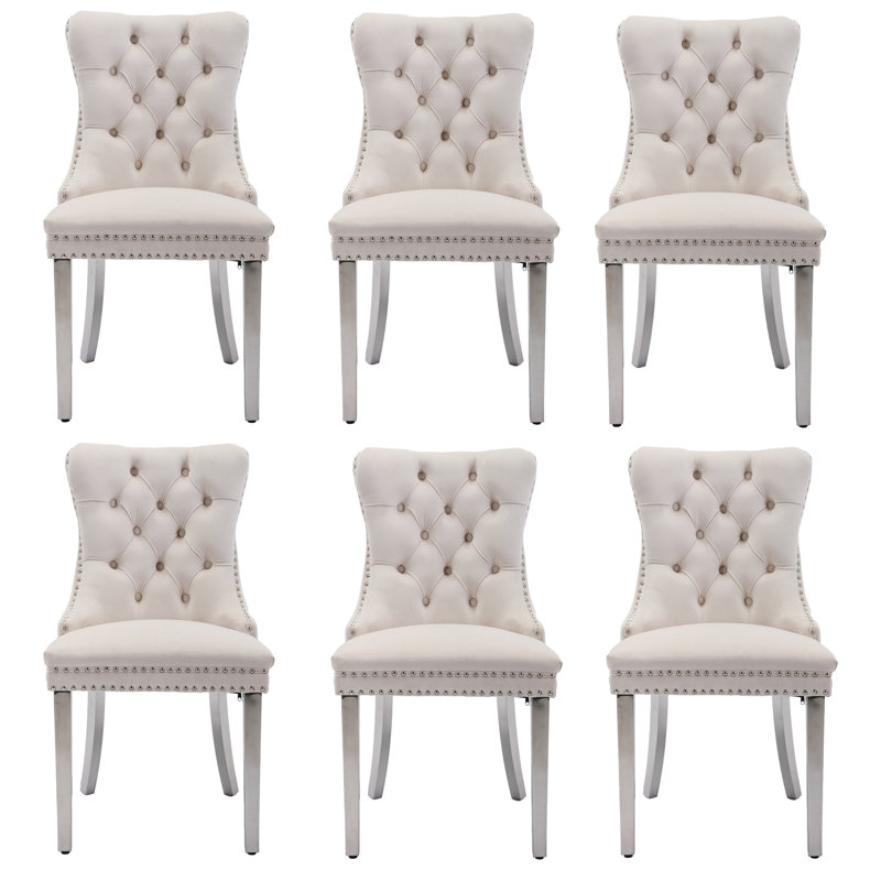 Gray Velvet Tufted Upholstered Side Chair with Silver Metal Legs, Set of 6