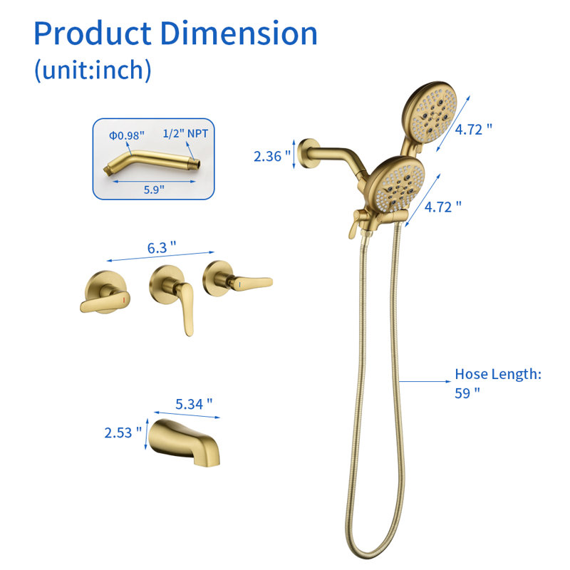 3 Handle Tub Shower Faucet Set Shower System with Tub Spout Kit, Brushed Gold