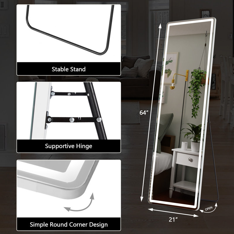  3 Color Lighting Standing Mirror With Led Lights, Mounted Hanging