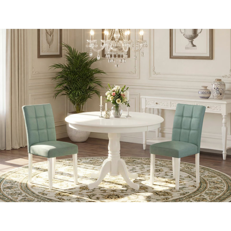 Ensemble de table de salle à manger 3 pièces comprenant une table moderne et 2 chaises parsons en tissu de polyester vert saule, blanc lin