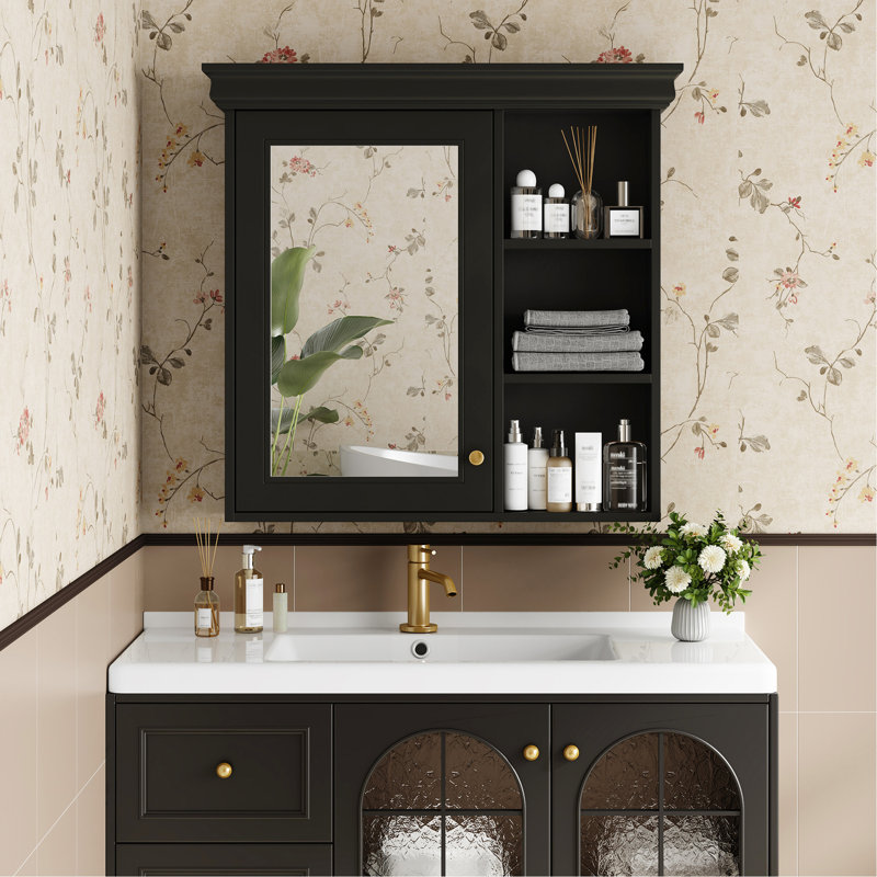 Armoire à miroir murale noire 30 po x 28 po pour salle de bain et mécanisme de fermeture en douceur, idéal pour les petits espaces avec tablettes réglables