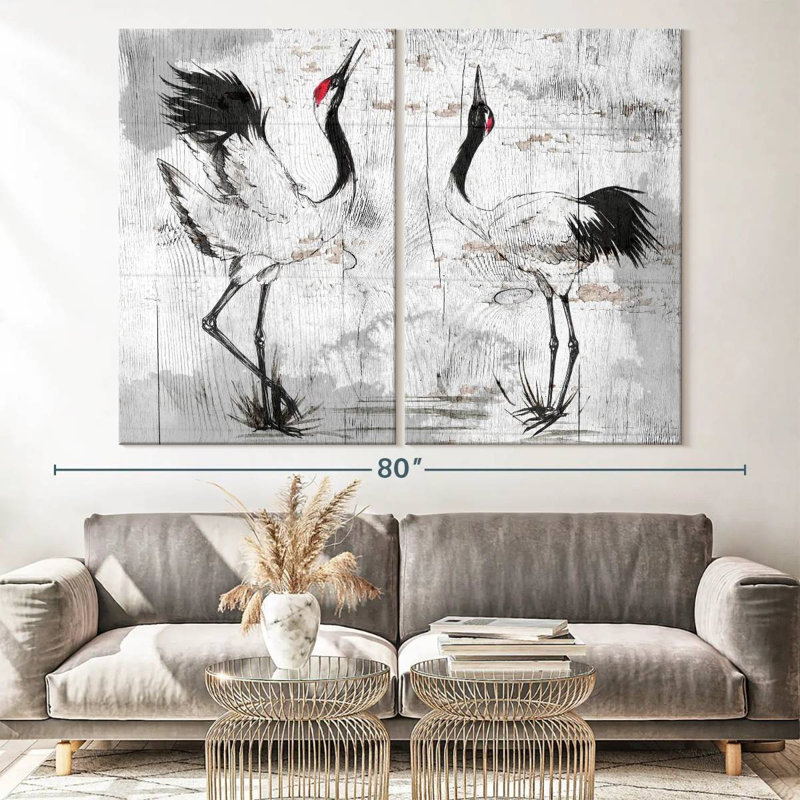 Grues japonaises rustiques, reproduction sur toile, H 48 po x l 66 po x P 1,25 po