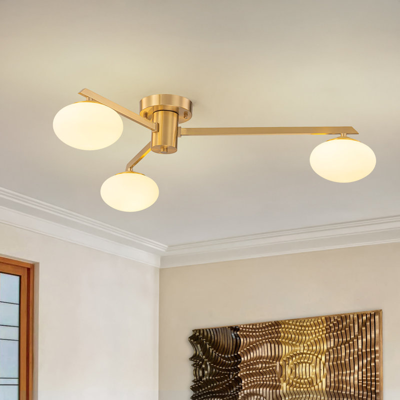 Priella Mid-century Brass Ellipse Glass Chandelier, 5.9" H x 26.4" W x 26.4" D, 3-Light