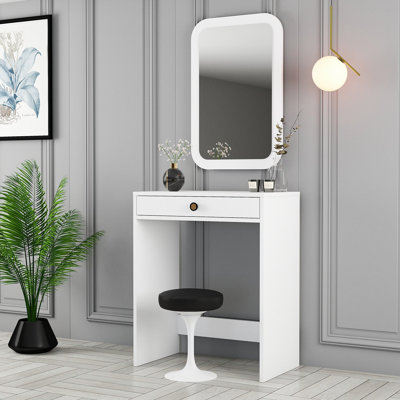 Modern Make-Up Table with Mirror, 100% Melamine Coated Particle Board, 27.6 x 15.7 x 33.3 inches | Sleek White Finish, Durable Design | Perfect for Stylish Bedrooms & Beauty Routines, Elegant & Functional