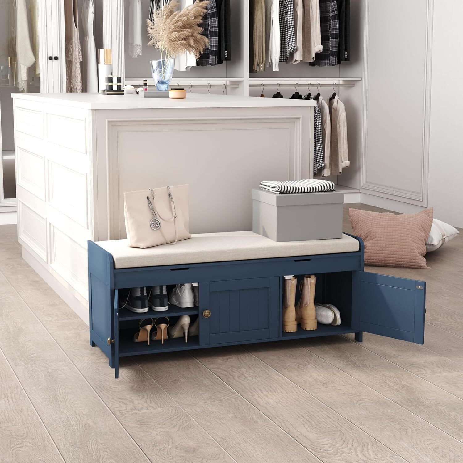 George Oliver Blue Shoe Bench With Overhead Storage And Lift, Cushioned ...