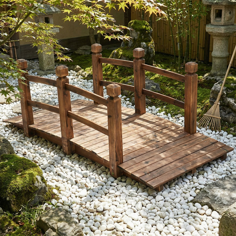 1.5M Garden Bridge Wooden Decorative Pond Bridges W/ Safety Railings, Brown