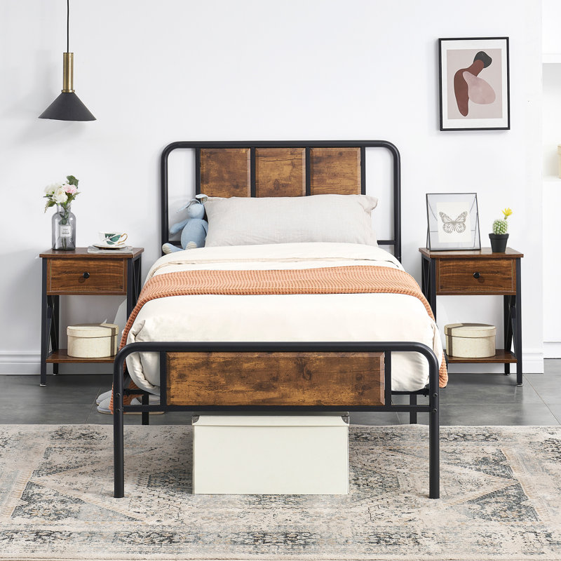 Ensemble de chambre avec lit plateforme 3 pièces Kempst, Complète, Brun / noir