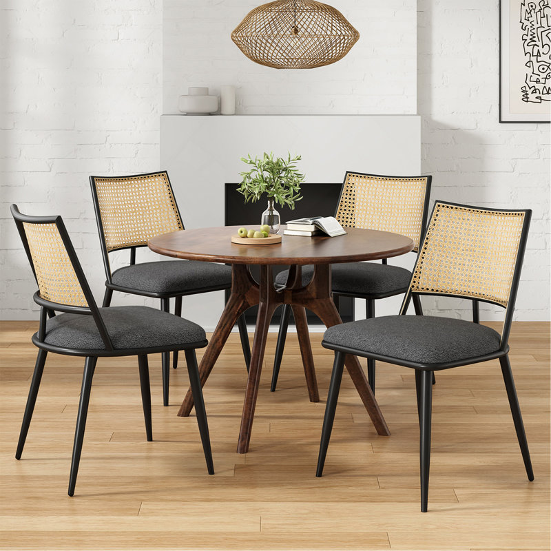 Ensemble de 2 chaises de salle à manger de style Mid-Century moderne avec dossier en rotin et structure en métal, revêtement Boucle pour la salle à manger, la cuisine et le salon