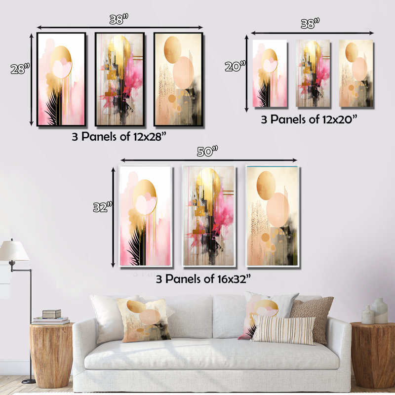 «Golden Touch Of The Orient Retro Glam Watercolor», 3 pièces sur toile, Cadre flottant doré, H 20 po x l 36 po