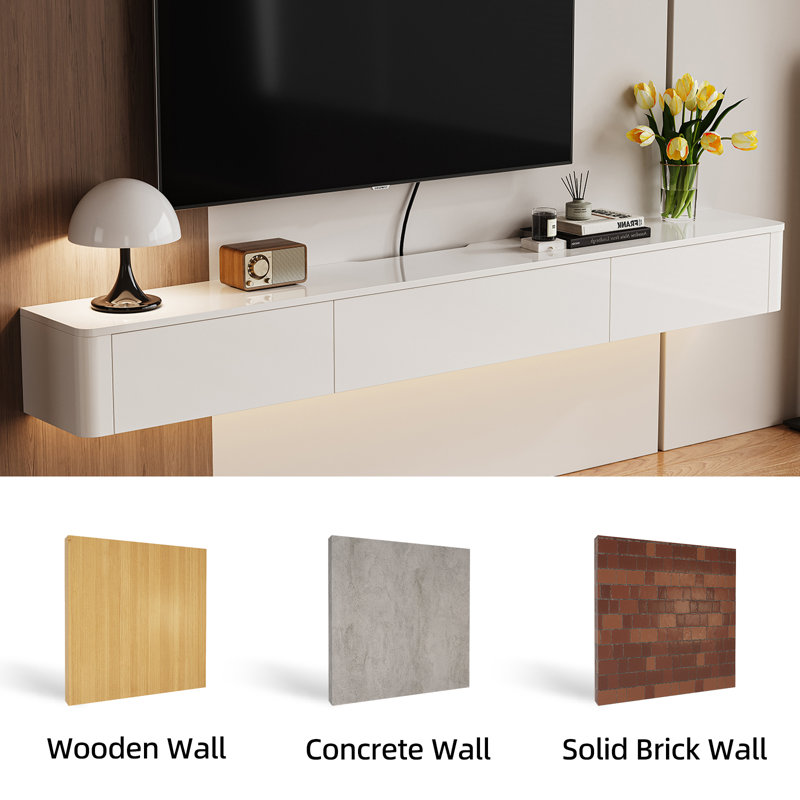 70" Wall-mounted Floating Tv Stand, White Real Wood Venee, 7.9"H x 70"L x 9"W, White