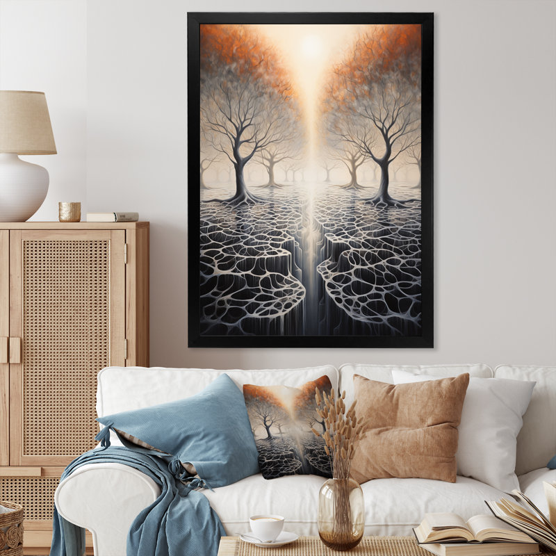 Surréalisme, arbre, racines célestes I sur toile, Cadre photo noir, H 44 po x l 34 po x P 1,5 po