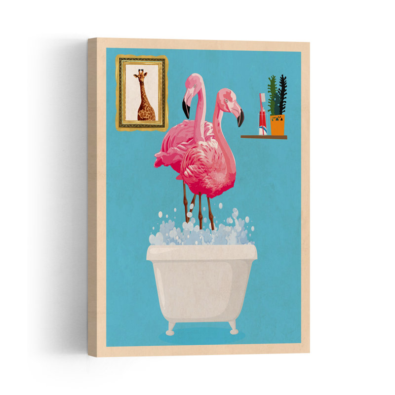 Flamingo Bubble Bath Fun Colorful Playful Surreal Bird Flamingo Giraffe Plant Tropical Wall Art Print by WallChart Art Studio - Print