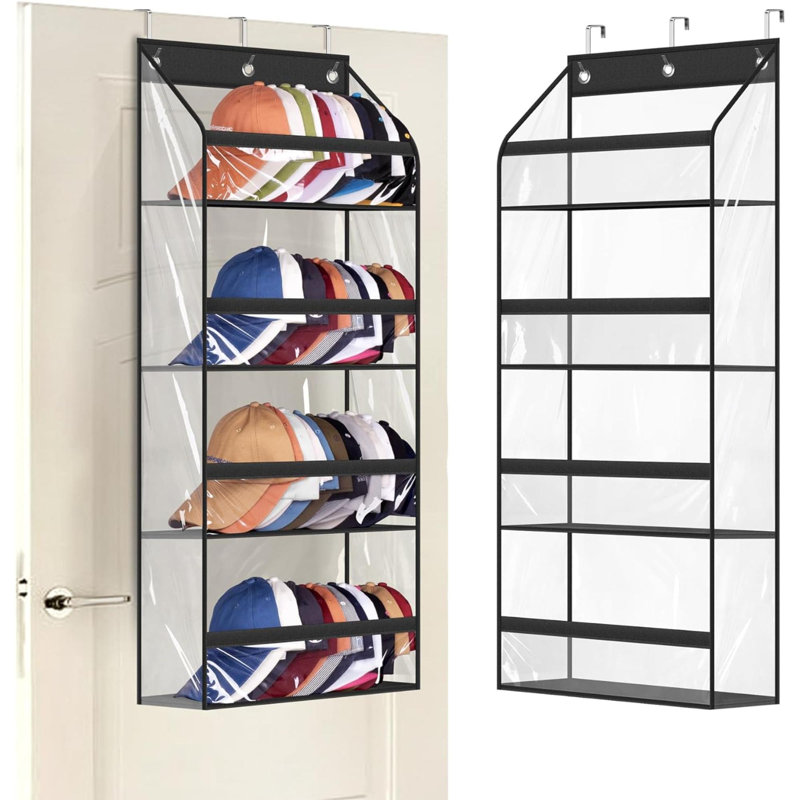 Clear Over The Door Hat Racks For Baseball Caps, Hold 48 Caps Hat Storage Organizer For Closet Wall, Deep Pockets Hanging Hat Holder Shelves With 3 Hooks, Black
