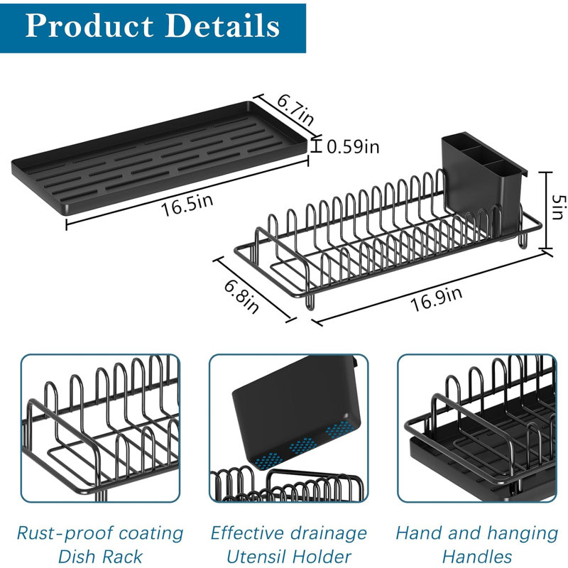 Compact Small Dish Rack Sink Drying Rack with Silicone Mat,  5" H x 17" W x 7" D