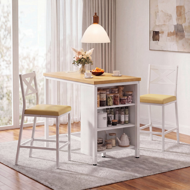  3-Piece Transitional Style Small Dining Room Set With Adjustable Storage Shelves, 35'' W Counter Height Dining Table Set With 2 PU Upholstered Chairs For Small Space, Breakfast Nook, Living Room And Study Room