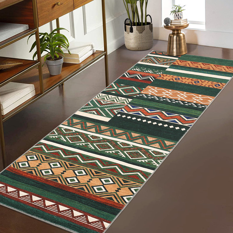2x6 Runner Rug Washable Distressed Vintage Runner for Hallway Tribal Geometric Door Mat for Bathroom Kitchen Laundry, Non Slip Low Pile Carpet Foldable Thin Patchwork Office Rug, Green