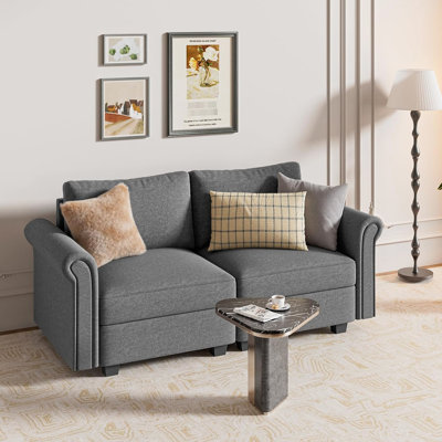 Comfortable 2 Seat Modular Sectional With Pillow Back And Rolled Arms, Grey , For Living Room Flexible Combination, Memory Foam For Bedroom Relaxation
