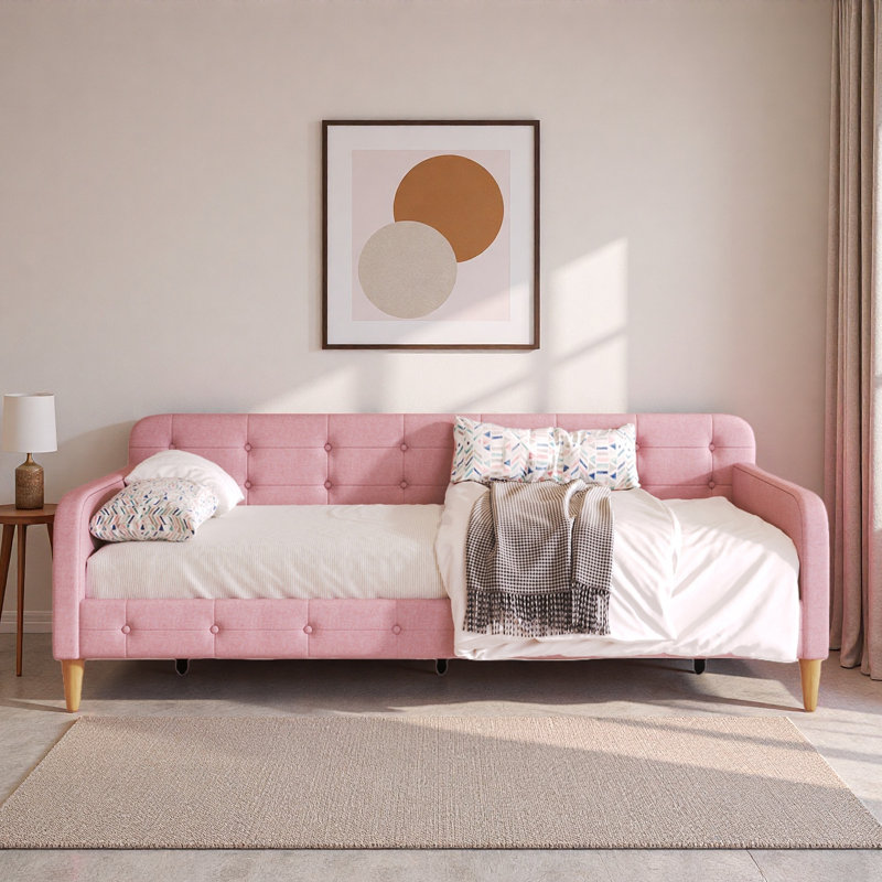 Modern Upholstered Daybed With 4 Support Legs And Button Tufted Design, Twin, Pink