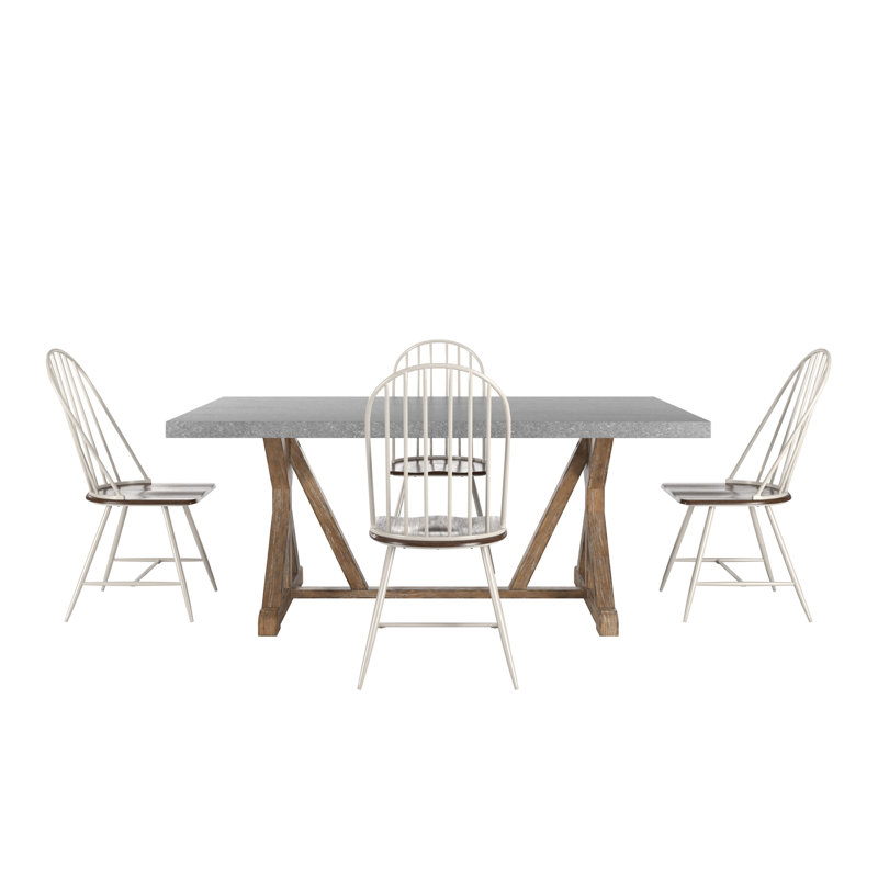 Stamant Rustic Pine Frame Concrete Veneer Top Dining Table And Two-Tone Spindle Chairs Set - Full Concrete Veneer Top Table And 4 Chairs