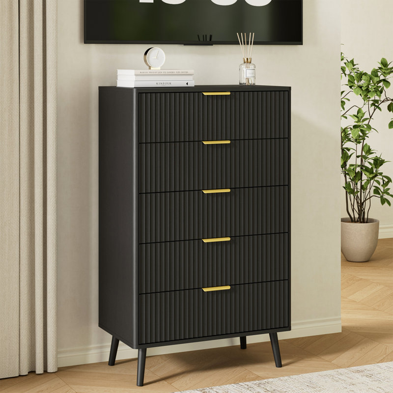Fluted 5-Drawer Dresser For Bedroom, 28" Modern Chest Of Drawers With Deep Drawers, Curved Profile Design, Wood Drawer Organizer For Living Room, Hallway, Nursery, Hallway Closet