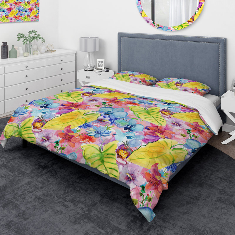 Ensemble de housse de couette à feuilles de fleurs designart, Housse de couette très grand + 2 taies décoratives