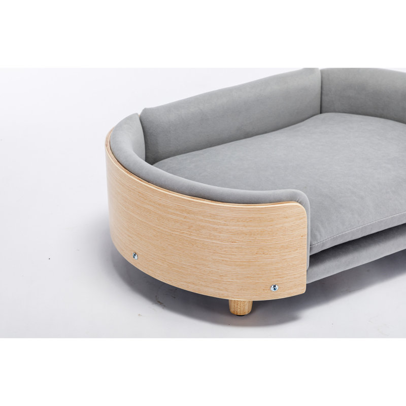 Chien gris à l'allure scandinave, dossier en bois cintré et housse amovible lavable - Scratch, structure en chêne, idéal pour les grands chiens, lit pour chien surélevé, grandes canines, pieds solides, mousse à mémoire de forme à rebond élevé