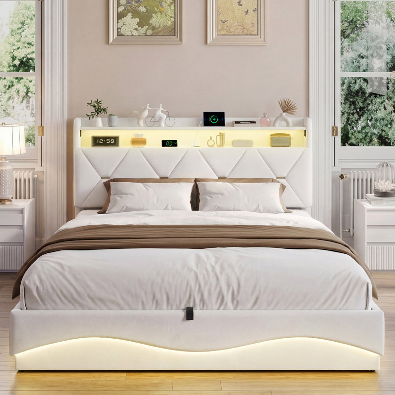 Ottoman Storage Bed, Beige, European Kingsize (160 x 200 cm)