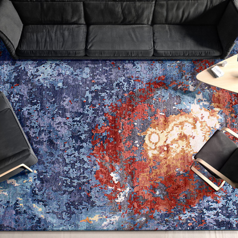 Tapis gris anthracite et bleu noué à la main de haute qualité, Rectangle 6 pi x 9 pi