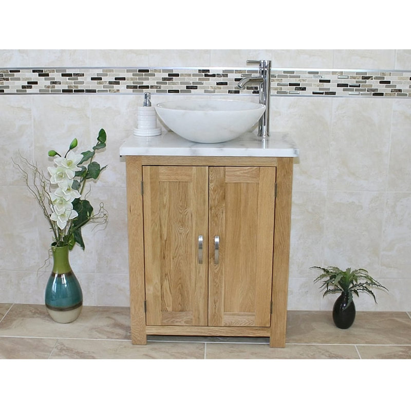 Cowen 650mm Single Bathroom Vanity with Vessel St1 Basin, White Marble, White Marble, Light Wood