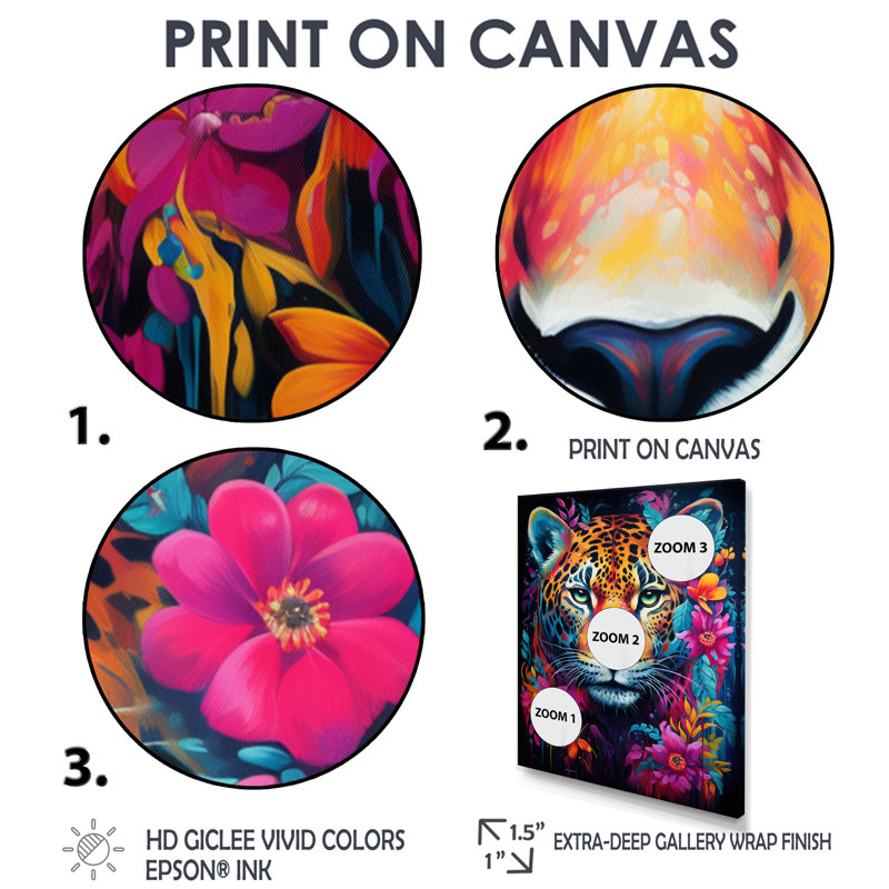 Portrait de tigre avec fleur fuchsia en fleur, H 32 po x l 16 po x P 1 po, Toile avec cadre flottant or