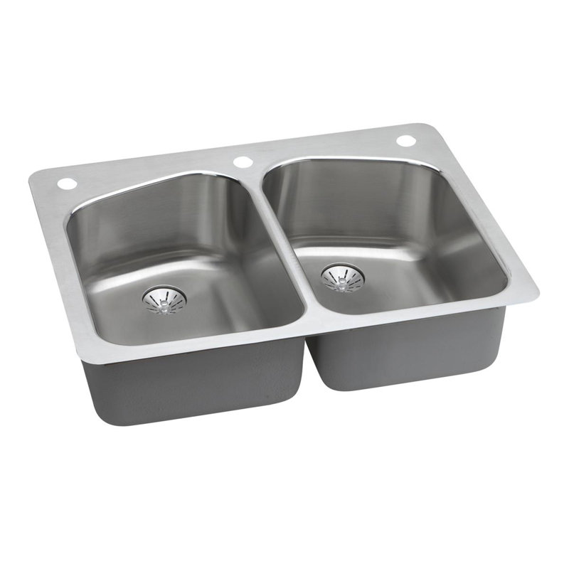 Évier de cuisine à double cuve avec ensemble de drain L 33 po x l 22 po Lustertone, 2 trous à gauche