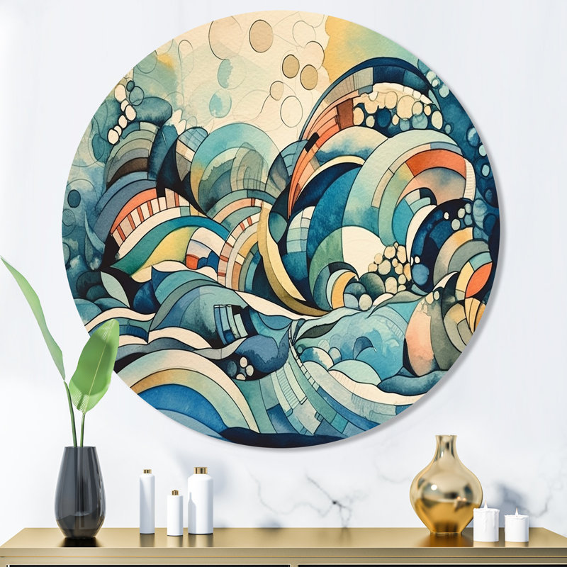 «Blue and orange», art mural rond abstrait géométrique sur métal, H 36 po x l 36 po x P 1 po